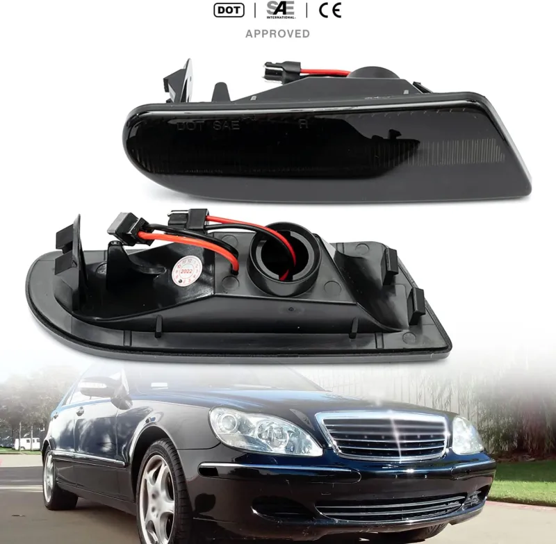 NSLUMO Led Side Marker Lights Replacement for Mercedes W220 S-Class 2000-2006 Benz S430 S500 Amber Led Front Bumper Side Marker Reflector Repeater Lamp Kit LH RH Smoked Lens Strip Led Sidemarkers