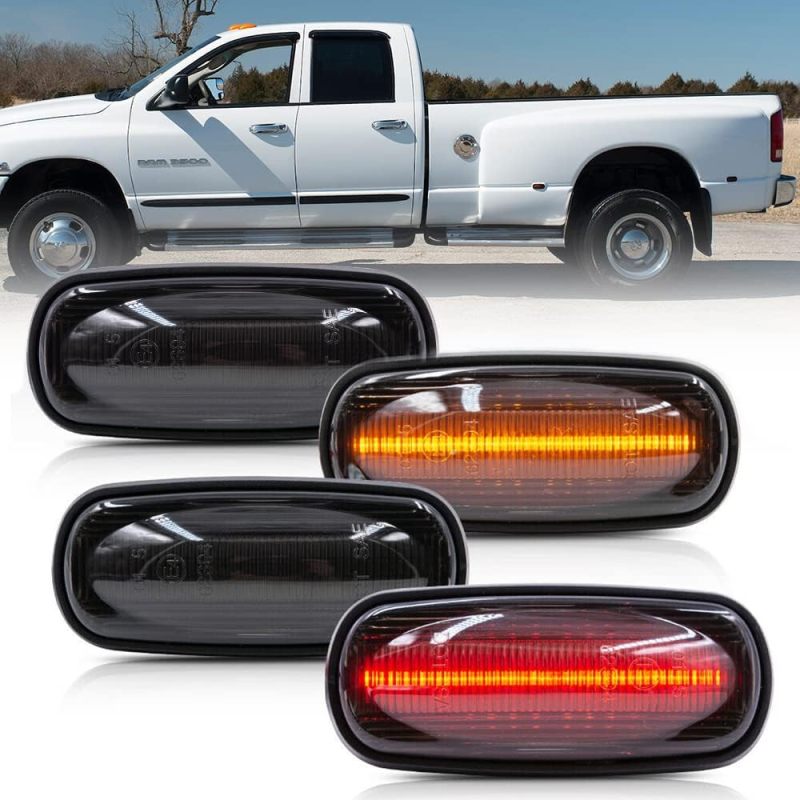 Led Side Marker Lights Replacement for 2003-2009 Do'dge Ram 3500 HD Dual Rear Wheel Amber/ Red Fender Bed Side Markers Euro Smoked Lens Replace OEM Sidemarker Lamps Clearance Parking Light Assembly