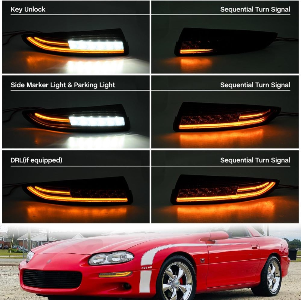 NSLUMO Led Bumper Signal Parking Light Assembly for Chevy Camaro 1993-2002 Smoked Lens Switchback White Parking/Amber Side Marker/DRL Driving/Sequential Turn Signals Corner Park Lamp Kit Replacement