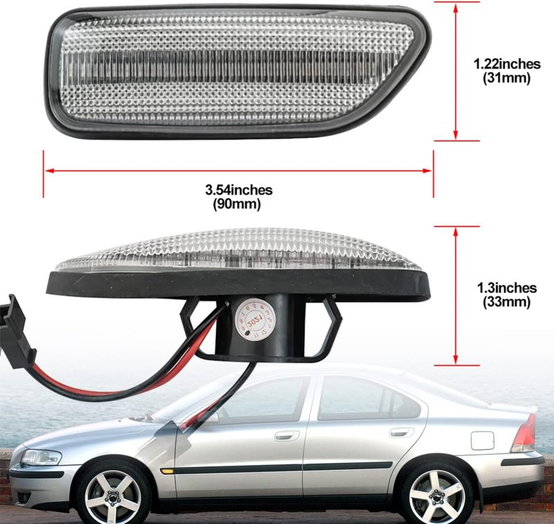 NSLUMO Dynamic LED Side Marker Repeater Lights Replacement for 03-06 Vol'vo XC90, 00-09 S60 S80 MK1 V70 MK2 Clear Lens Amber Led Fender Turn Signal Blinker Indicator Lamps Assembly OE-fit