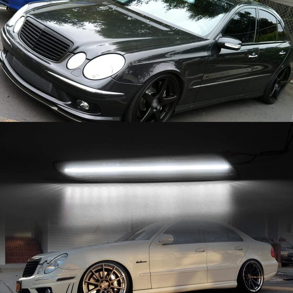 LED Side Marker Lights Compatible w/ 2007-2009 Mercedes Benz W211 E320 E350 E550 E63 AMG LCI Amber Front Bumper Turn Signal Lamp Assembly Smoked Lens