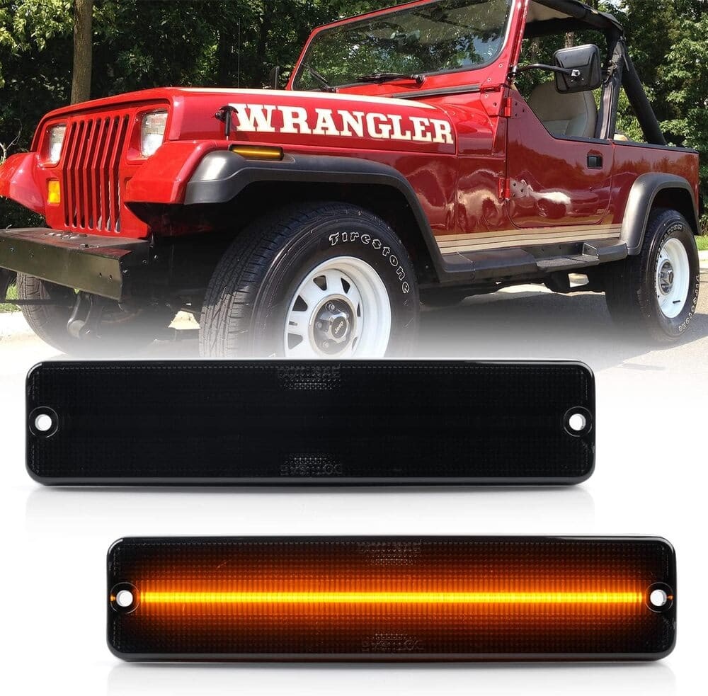 Wrangler YJ LED Side Marker Lights Replacement for 1987-1995 Jeep YJ Wrangler, Smoked Lens Amber Led Fender Side Turn Signal Reflector Light Kit Pair Driver Passenger Lamp Assembly 56001424