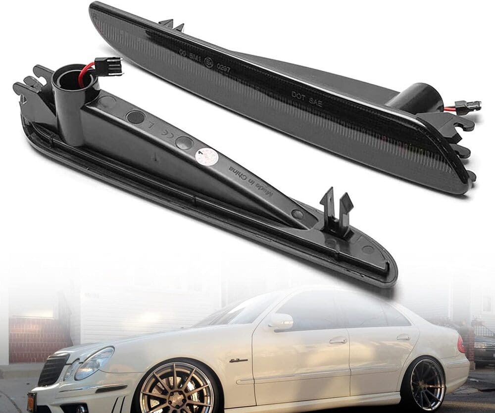 LED Side Marker Lights Compatible w/ 2007-2009 Mercedes Benz W211 E320 E350 E550 E63 AMG LCI Amber Front Bumper Turn Signal Lamp Assembly Smoked Lens