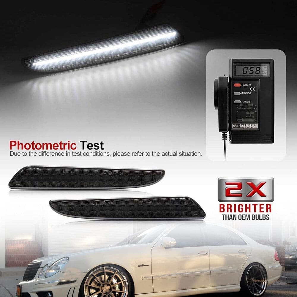 LED Side Marker Lights Compatible w/ 2007-2009 Mercedes Benz W211 E320 E350 E550 E63 AMG LCI Amber Front Bumper Turn Signal Lamp Assembly Smoked Lens