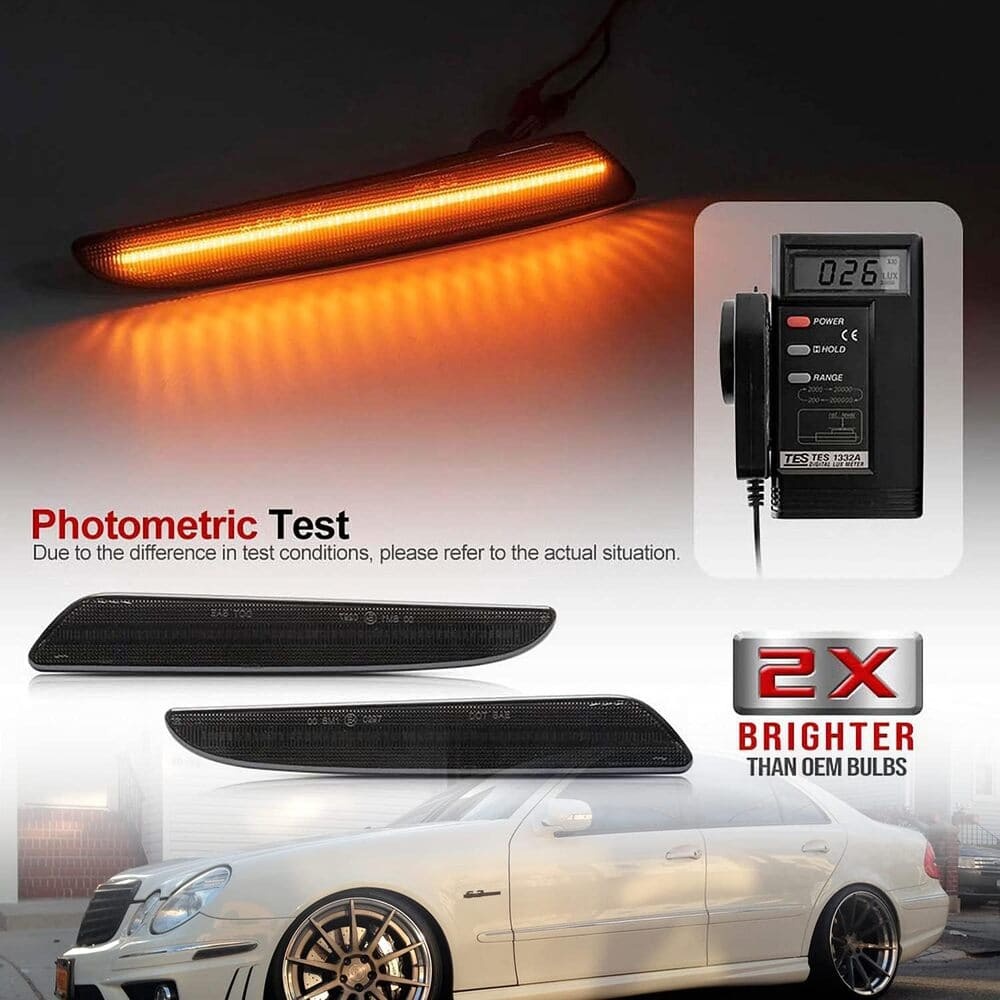 LED Side Marker Lights Compatible w/ 2007-2009 Mercedes Benz W211 E320 E350 E550 E63 AMG LCI Amber Front Bumper Turn Signal Lamp Assembly Smoked Lens