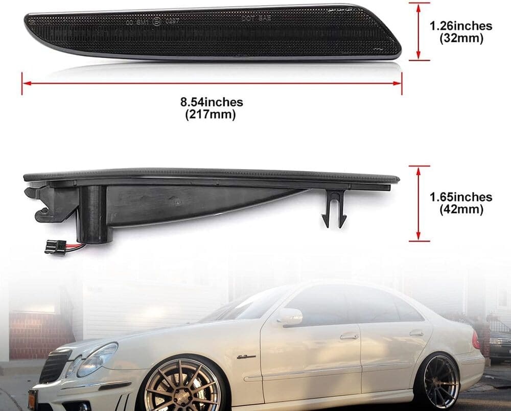 LED Side Marker Lights Compatible w/ 2007-2009 Mercedes Benz W211 E320 E350 E550 E63 AMG LCI Amber Front Bumper Turn Signal Lamp Assembly Smoked Lens