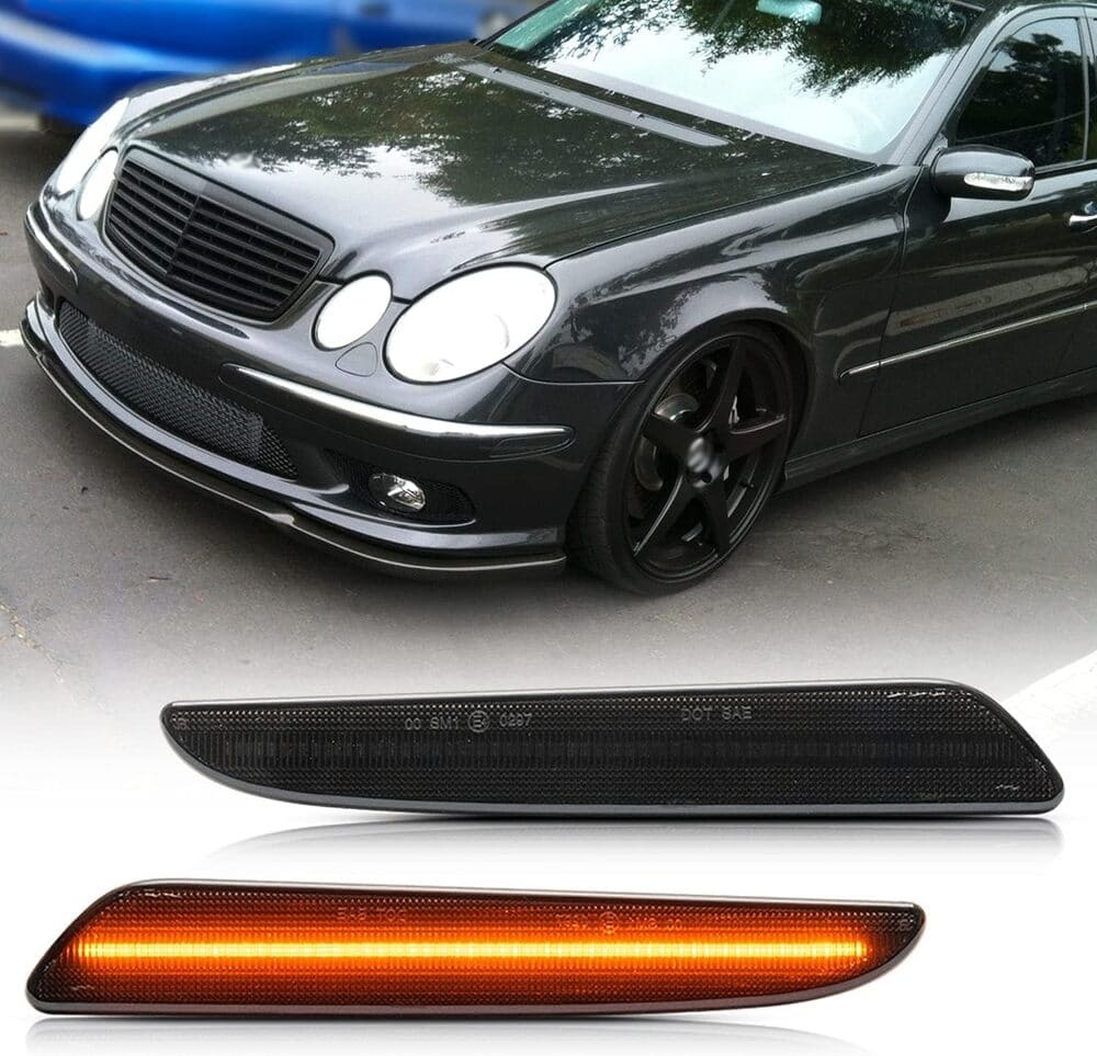 LED Side Marker Lights Compatible w/ 2007-2009 Mercedes Benz W211 E320 E350 E550 E63 AMG LCI Amber Front Bumper Turn Signal Lamp Assembly Smoked Lens