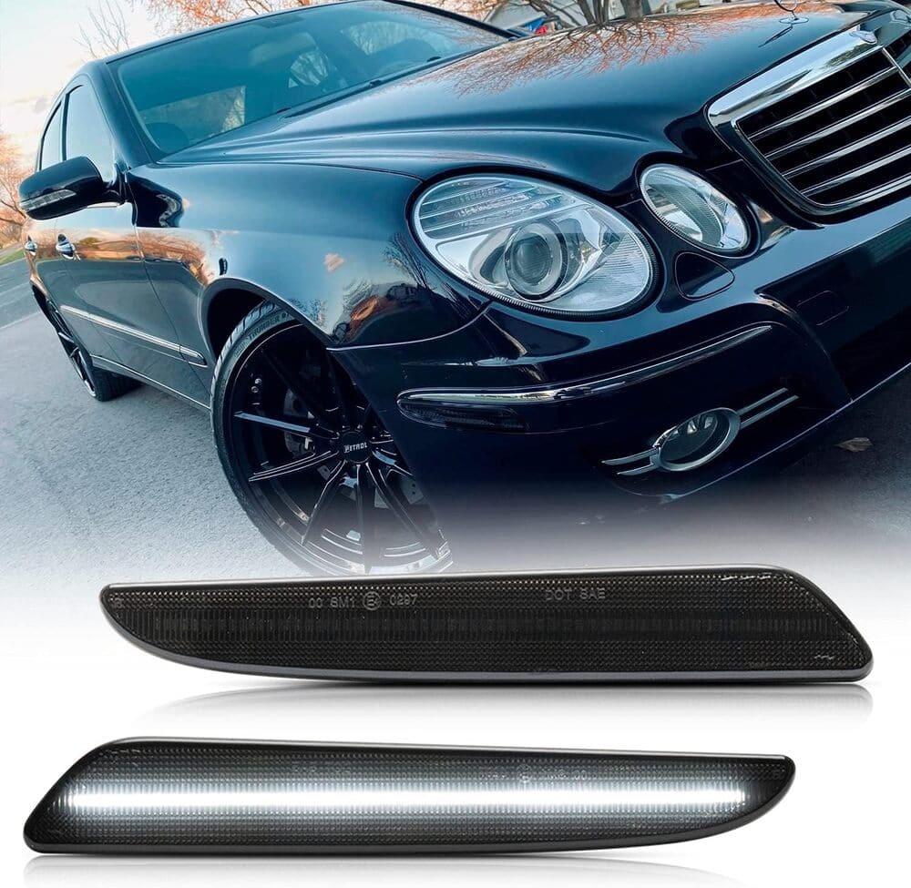 LED Side Marker Lights Compatible w/ 2007-2009 Mercedes Benz W211 E320 E350 E550 E63 AMG LCI Amber Front Bumper Turn Signal Lamp Assembly Smoked Lens
