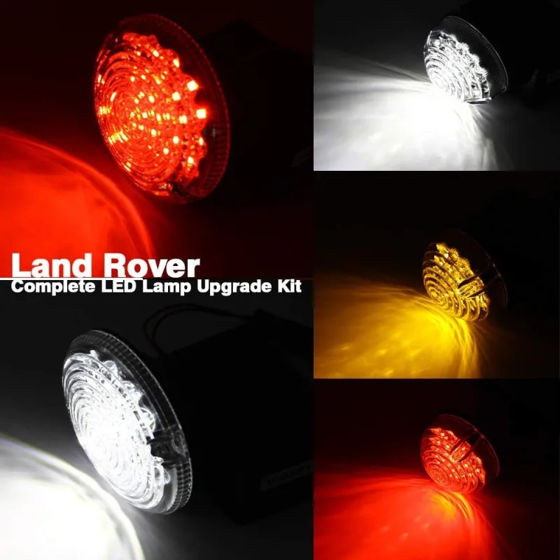 10pcs Upgrade Round Led Indicator Light Rear Tail Lamp Fog & Reverse & Front Side Light for 1990-2016 Land Rover Defender  Smoked Lens LED Update Complete Light Kit