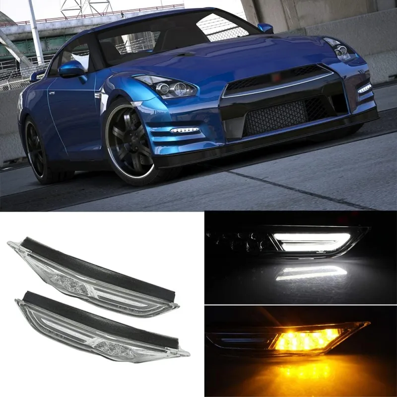 Led Side Marker Light for 2007-2017 Nissan GTR R35 Smoked/Clear Lens Lamps with White DRL and Amber Turn Signal Lights Direct OEM Replacement for GTR R35