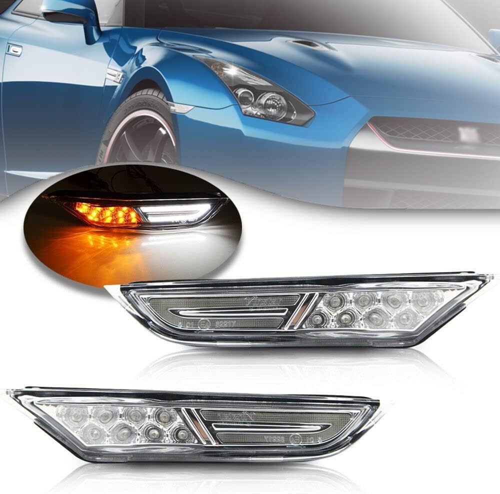 Led Side Marker Light for 2007-2017 Nissan GTR R35 Smoked/Clear Lens Lamps with White DRL and Amber Turn Signal Lights Direct OEM Replacement for GTR R35