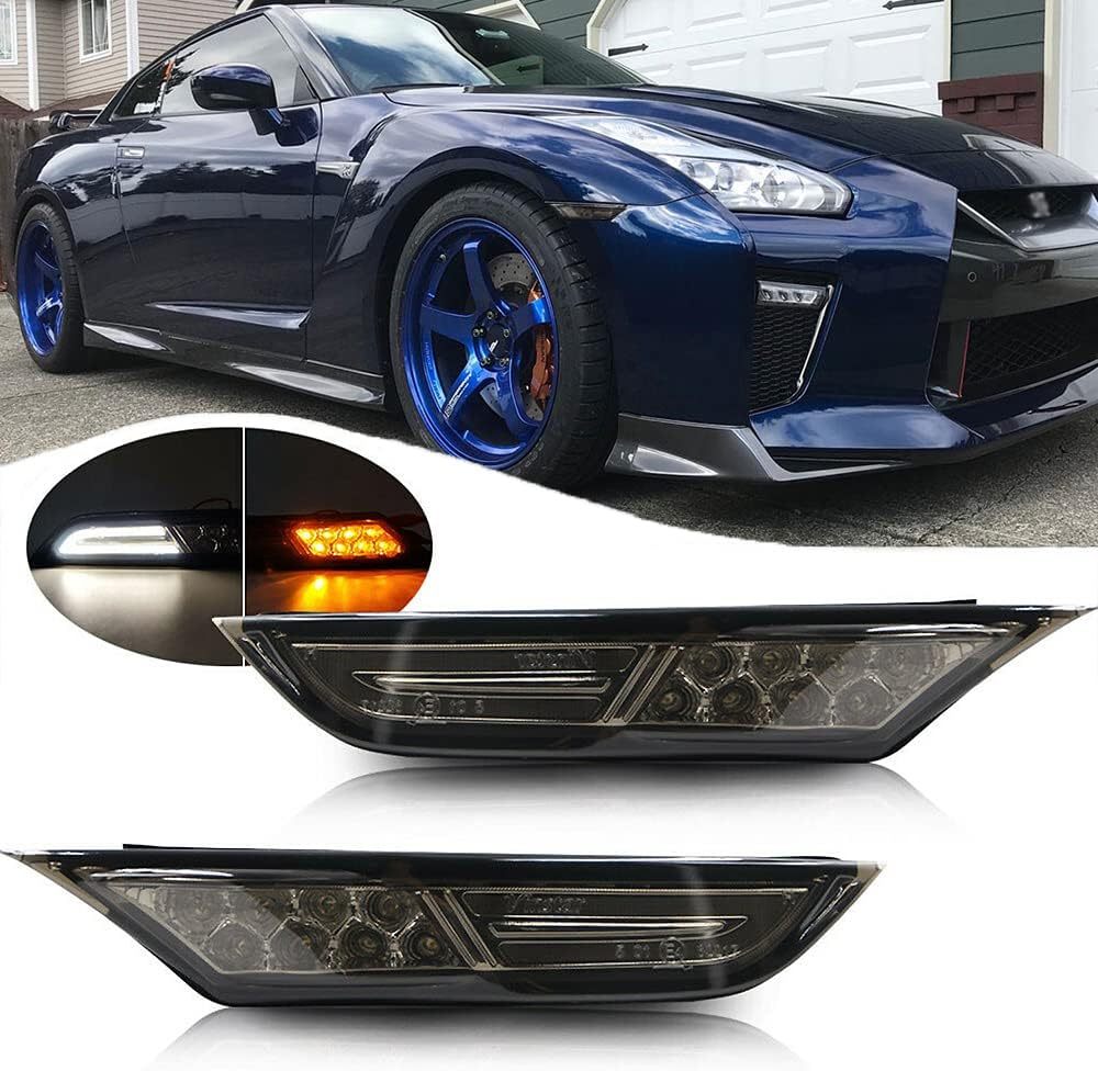 Led Side Marker Light for 2007-2017 Nissan GTR R35 Smoked/Clear Lens Lamps with White DRL and Amber Turn Signal Lights Direct OEM Replacement for GTR R35