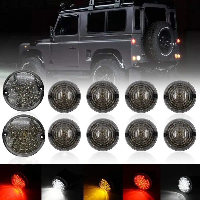 10pcs Upgrade Round Led Indicator Light Rear Tail Lamp Fog & Reverse & Front Side Light for 1990-2016 Land Rover Defender  Smoked Lens LED Update Complete Light Kit