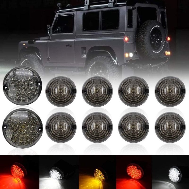 10pcs Upgrade Round Led Indicator Light Rear Tail Lamp Fog &amp; Reverse &amp; Front Side Light for 1990-2016 Land Rover Defender  Smoked Lens LED Update Complete Light Kit