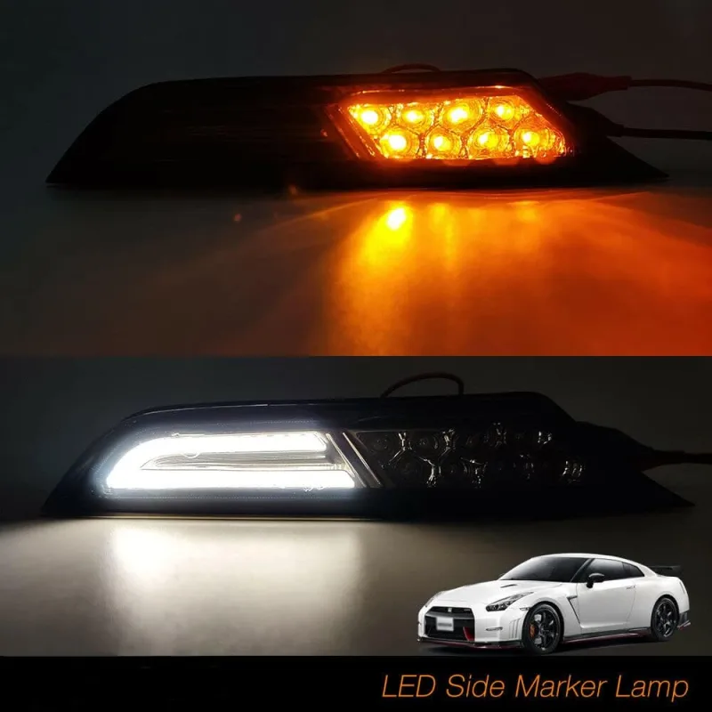 Led Side Marker Light for 2007-2017 Nissan GTR R35 Smoked/Clear Lens Lamps with White DRL and Amber Turn Signal Lights Direct OEM Replacement for GTR R35
