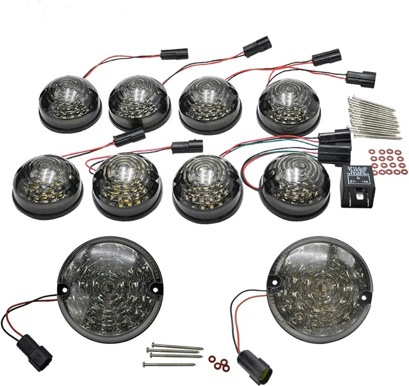 10pcs Upgrade Round Led Indicator Light Rear Tail Lamp Fog & Reverse & Front Side Light for 1990-2016 Land Rover Defender  Smoked Lens LED Update Complete Light Kit