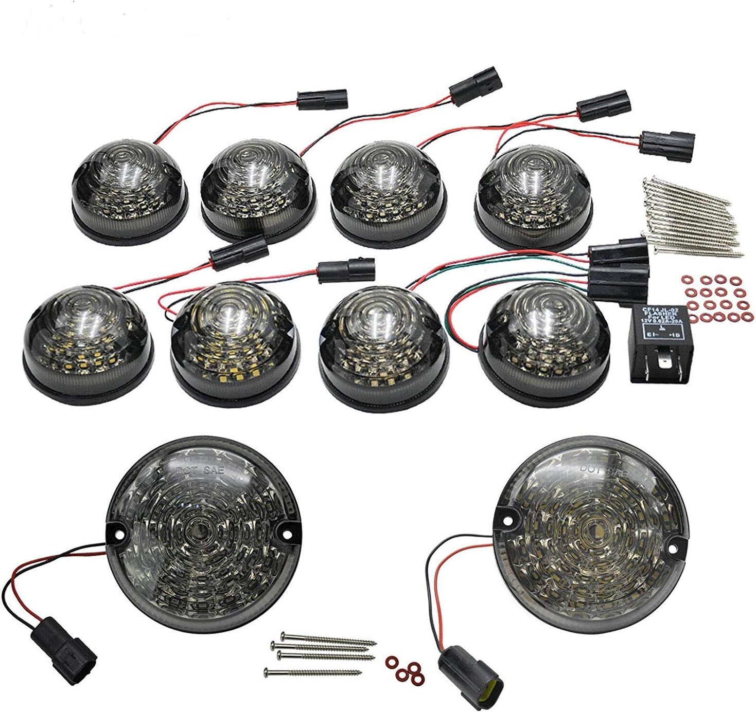 10pcs Upgrade Round Led Indicator Light Rear Tail Lamp Fog & Reverse & Front Side Light for 1990-2016 Land Rover Defender  Smoked Lens LED Update Complete Light Kit