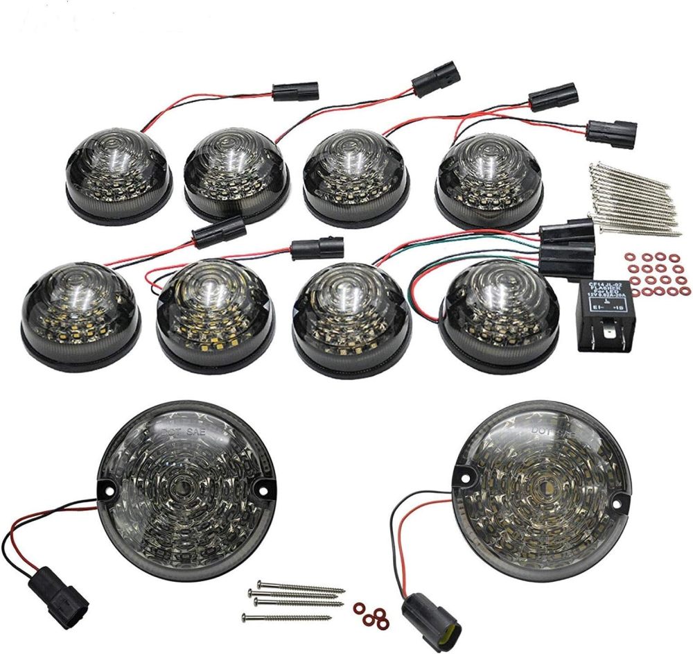 10pcs Upgrade Round Led Indicator Light Rear Tail Lamp Fog & Reverse & Front Side Light for 1990-2016 Land Rover Defender  Smoked Lens LED Update Complete Light Kit