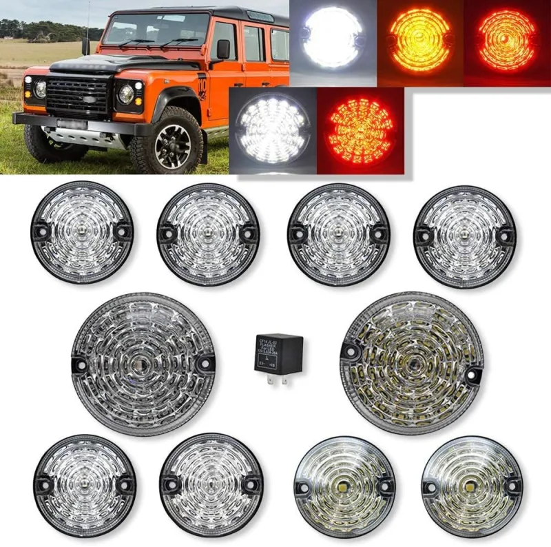 10pcs Upgrade Round Led Indicator Light Rear Tail Lamp Fog & Reverse & Front Side Light for 1990-2016 Land Rover Defender  Smoked Lens LED Update Complete Light Kit