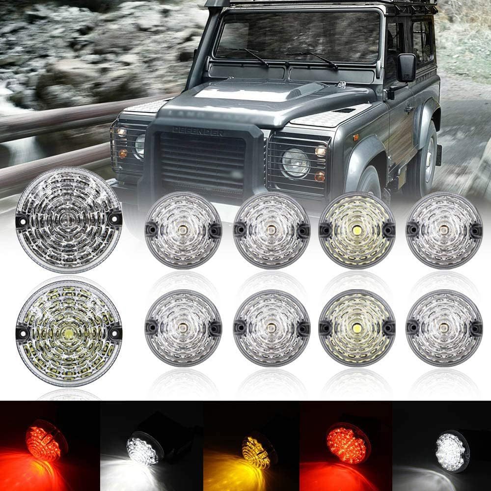 10pcs Upgrade Round Led Indicator Light Rear Tail Lamp Fog & Reverse & Front Side Light for 1990-2016 Land Rover Defender  Smoked Lens LED Update Complete Light Kit