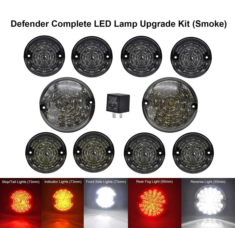 10pcs Upgrade Round Led Indicator Light Rear Tail Lamp Fog & Reverse & Front Side Light for 1990-2016 Land Rover Defender  Smoked Lens LED Update Complete Light Kit