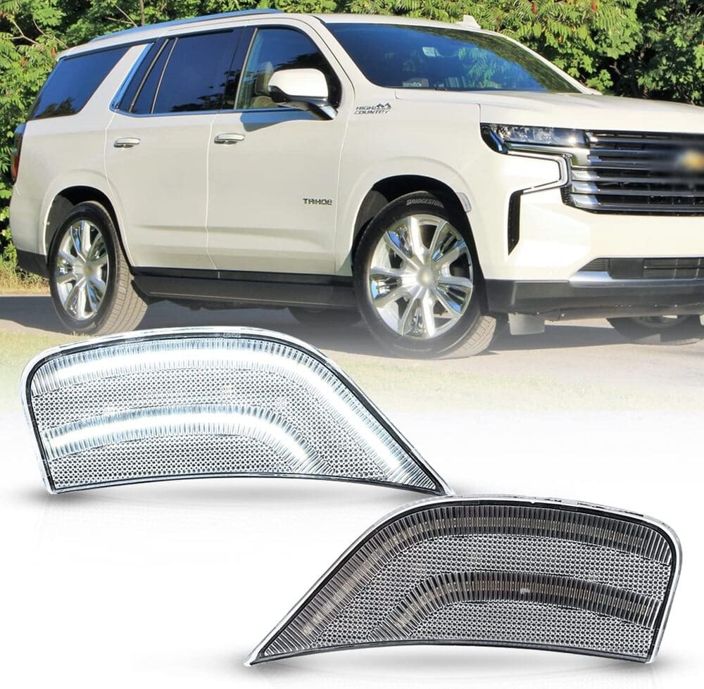 LED Side Marker Lights Replacement for 2021 2022 + Chevy Tahoe Suburban Escalade Amber/White Led Fender Side Turn Signal Parking Light Assembly GM2550206 Replace OEM Side Lamps Clear Lens