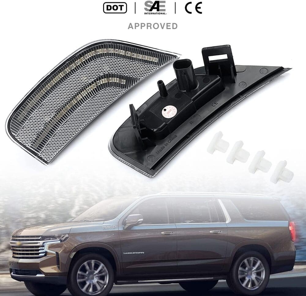 LED Side Marker Lights Replacement for 2021 2022 + Chevy Tahoe Suburban Escalade Amber/White Led Fender Side Turn Signal Parking Light Assembly GM2550206 Replace OEM Side Lamps Clear Lens