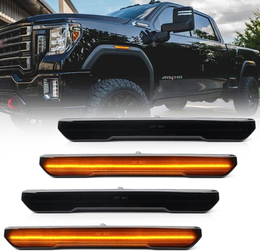 Led Side Marker Lights Replacement for 2020 2021 2022 GMC Sierra 2500HD 3500HD Pickup Amber Front Rear Side Markers Left Right Fender OEM Fit Sidemarker Lamps Kit Euro Smoked/Clear Lens