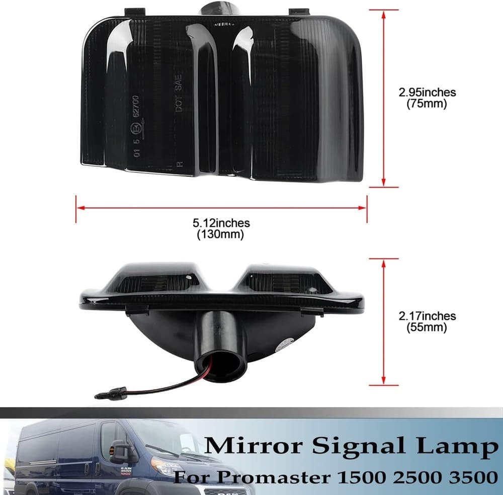 Sequential LED Side Mirror Marker Lights Compatible w/ 2014-2022 Dodge RAM Promaster 1500/2500/3500 Towing Mirror Turn Signal Indicator Lamp Assembly Smoked/Clear Lens