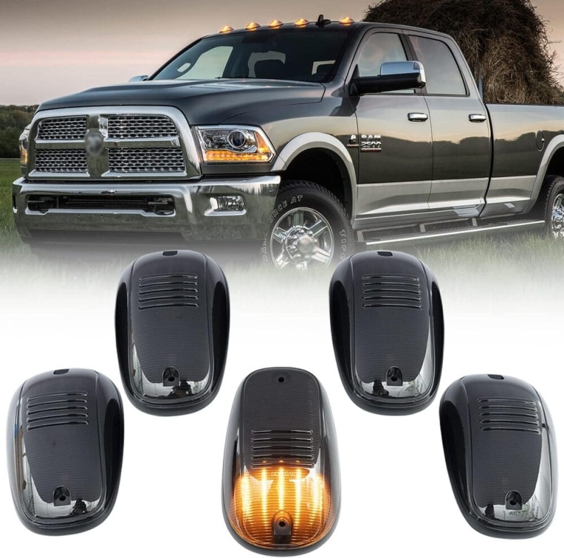 LED Cab Marker Lights Compatible w/ 2003-2018 Dodge Ram 1500 2500 3500 Pickup Amber Front Roof Mounted Cab Light Kit Smoked Lens OEM Fit Roof Running Cab Marker Lamps for Pickup Trucks