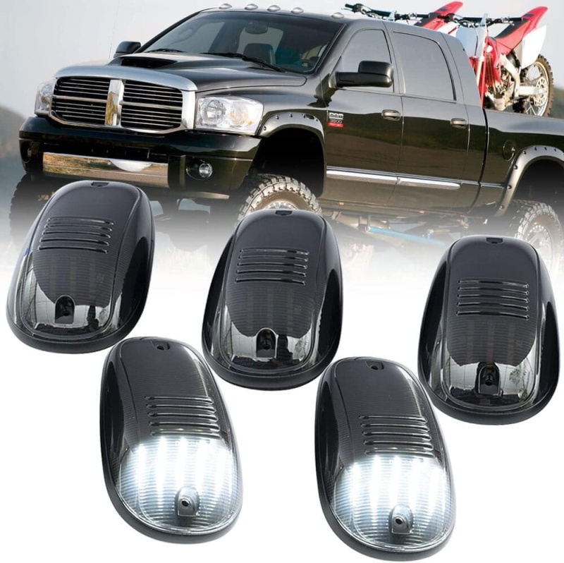 LED Cab Marker Lights Compatible w/ 2003-2018 Dodge Ram 1500 2500 3500 Pickup Amber Front Roof Mounted Cab Light Kit Smoked Lens OEM Fit Roof Running Cab Marker Lamps for Pickup Trucks