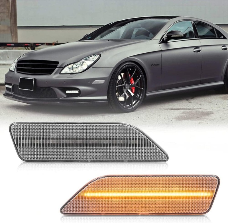 Led Side Marker Lights Compatible w/ 2007-2011 W219 Mercedes Benz CLS550 2006 CLS500 Xenon White Front Fender Marker Lamps Clear Lens OEM Side Marker Replacement