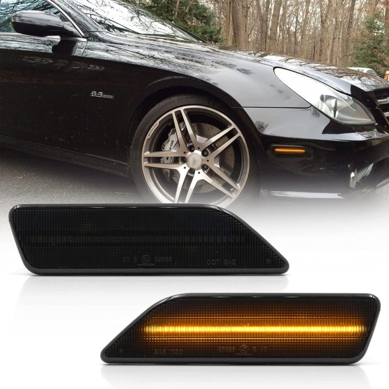 Led Side Marker Lights Compatible w/ 2007-2011 W219 Mercedes Benz CLS550 2006 CLS500 CLS55 AMG Amber Yellow Front Fender Marker Lamps Smoked Lens OEM Side Marker Replacement