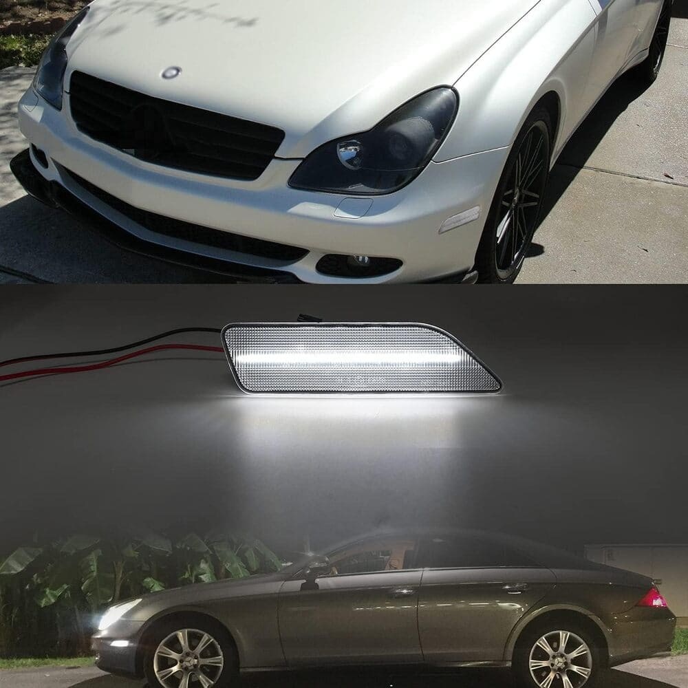 Led Side Marker Lights Compatible w/ 2007-2011 W219 Mercedes Benz CLS550 2006 CLS500 Xenon White Front Fender Marker Lamps Clear Lens OEM Side Marker Replacement