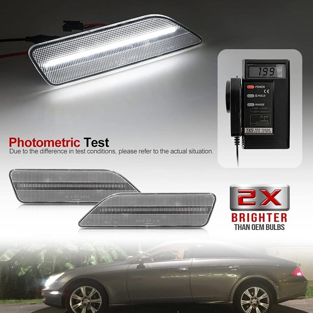 Led Side Marker Lights Compatible w/ 2007-2011 W219 Mercedes Benz CLS550 2006 CLS500 Xenon White Front Fender Marker Lamps Clear Lens OEM Side Marker Replacement