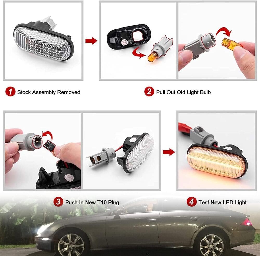 Led Side Marker Lights Compatible w/ 2007-2011 W219 Mercedes Benz CLS550 2006 CLS500 Xenon White Front Fender Marker Lamps Clear Lens OEM Side Marker Replacement