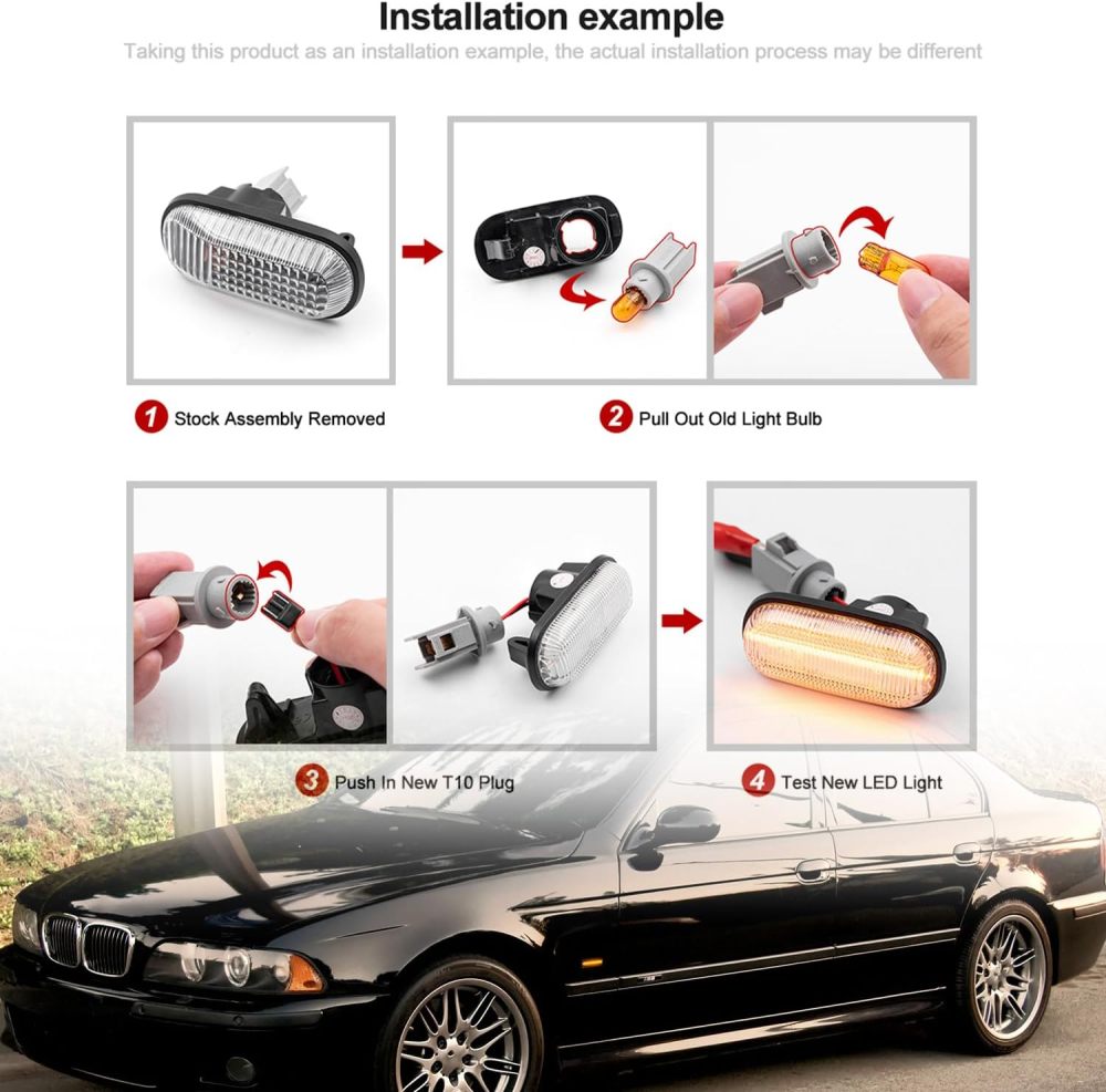 Sequential Amber LED Side Marker Lights Compatible w/BMW 5 Series E39 525i 528i 530i 540i M5 Front Fender Led Dynamic Turn Signal Indicator Blinker Lamps Smoked Lens OEM Replacement