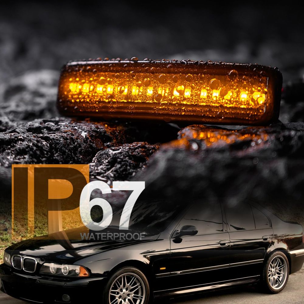 Sequential Amber LED Side Marker Lights Compatible w/BMW 5 Series E39 525i 528i 530i 540i M5 Front Fender Led Dynamic Turn Signal Indicator Blinker Lamps Smoked Lens OEM Replacement