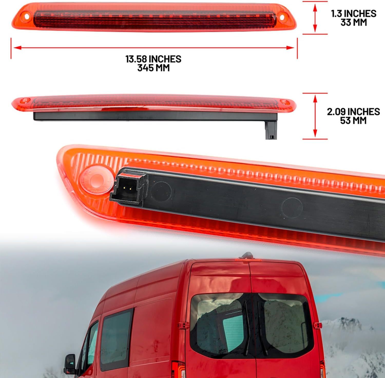 NSLUMO Led Third Brake Light Replacement for 2007-2009 Dodge Sprinter 2500 3500 2014-2023 Mer'cedes Sprinter 2500 3500 Rear Red LED 3rd Brake Center High Mount Stop Lamp Red Lens CHMSL