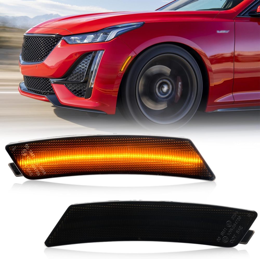 NSLUMO Led Side Marker Lights Compatible w/Cadillac CT5 2020 2021 2022 2023 Amber Led Front Bumper Side Marker Reflector Repeater Lamp Kit LH RH Smoked Lens Strip Led Sidemarkers OEM Replacement