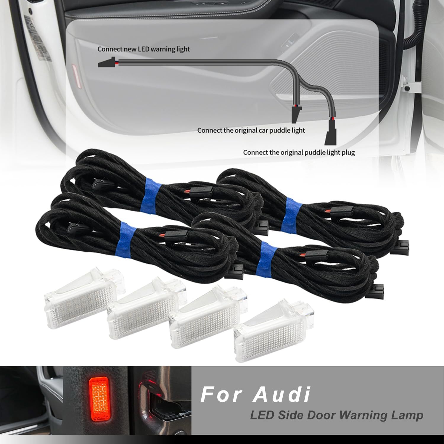 NSLUMO 4pcs LED Door Courtesy Lights Kit for Audi A3 A4 A6 A7 A8 Q5 Q7 Q8 2015-2024, 18-SMD Red Led Side Door Warning Light Canbus Error Free Interior Puddle Lamps Assembly w/PNP Adpater Wires