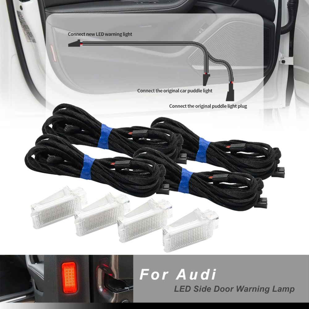 NSLUMO 4pcs LED Door Courtesy Lights Kit for Audi A3 A4 A6 A7 A8 Q5 Q7 Q8 2015-2024, 18-SMD Red Led Side Door Warning Light Canbus Error Free Interior Puddle Lamps Assembly w/PNP Adpater Wires