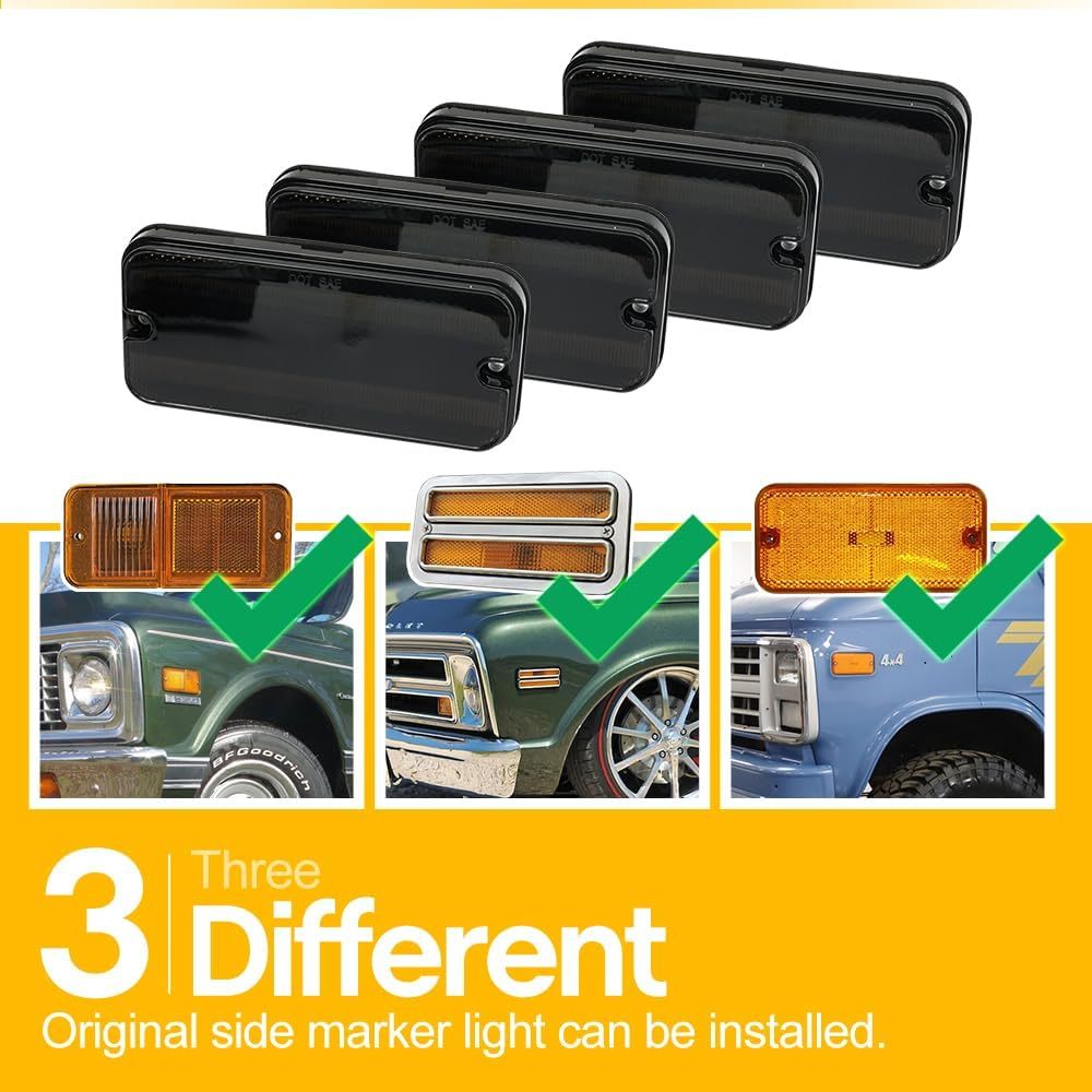 NSLUMO Led Side Marker Lights for 1968-1972 Chevy GMC C/K Series Trucks K10 C1500 K1500 1968-1995 G Series Vans White Side Turn Signal Lamps Fender Sidemarkers Clearance Light Kit Smoked Lens