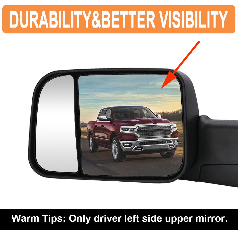 Side Tow Convex Mirror Glass Heated Mirror Glass with Rear Holder for Dodge Ram 1500 2500 3500 Truck 2009 - 2020 Replacement 68067727AA 68067726AA
