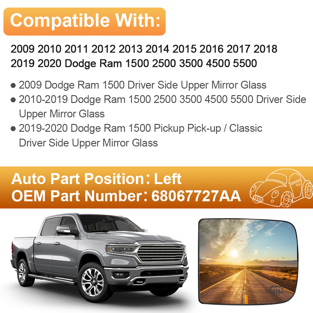 Side Tow Convex Mirror Glass Heated Mirror Glass with Rear Holder for Dodge Ram 1500 2500 3500 Truck 2009 - 2020 Replacement 68067727AA 68067726AA
