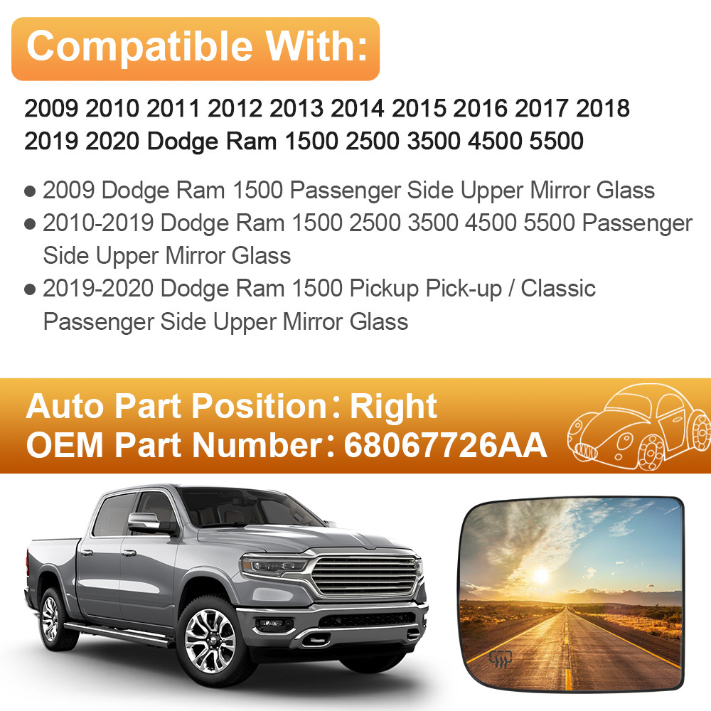 Side Tow Convex Mirror Glass Heated Mirror Glass with Rear Holder for Dodge Ram 1500 2500 3500 Truck 2009 - 2020 Replacement 68067727AA 68067726AA