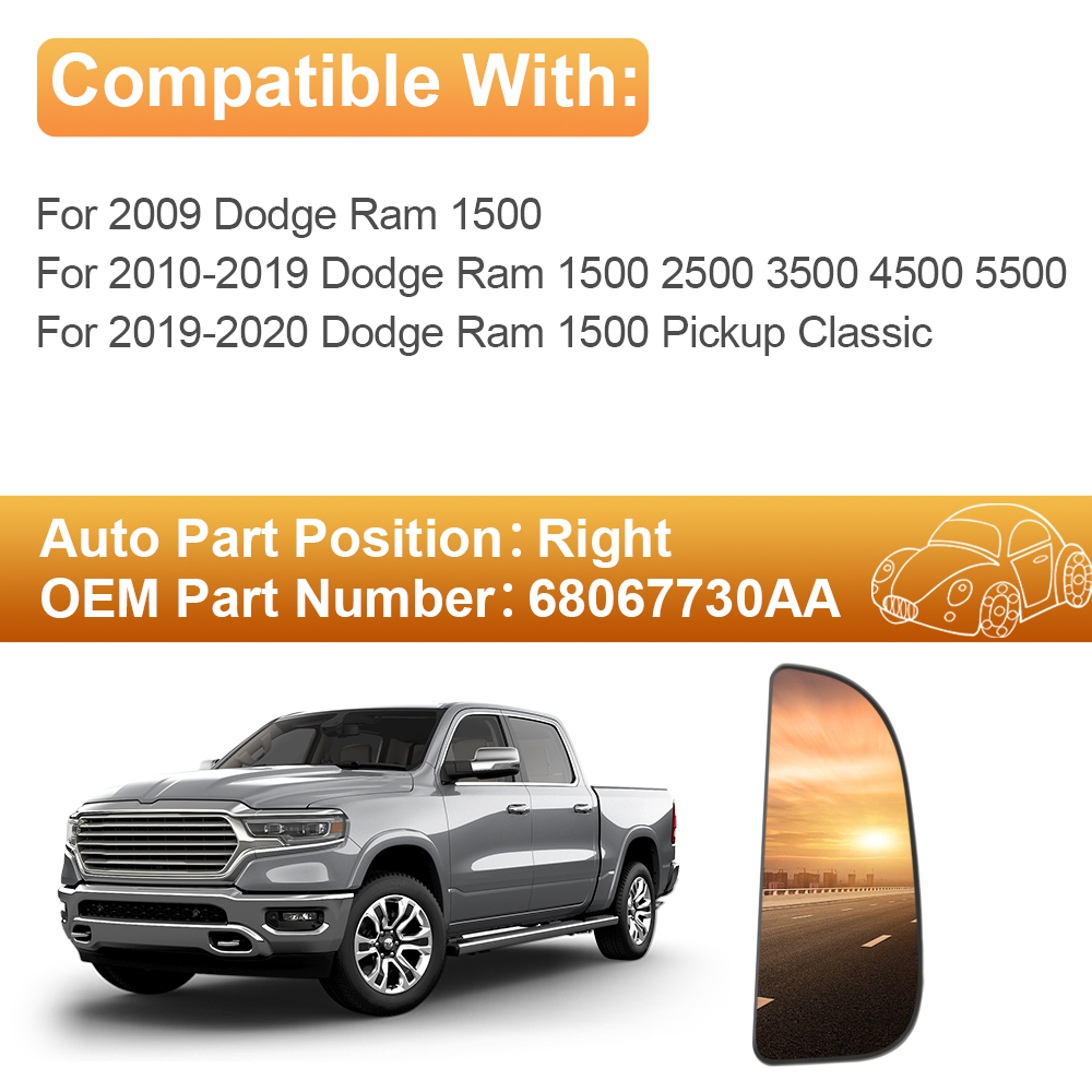 Side View Convex Lower Mirror Driver Left Side View Convex Mirror Backing Plate for 2009-2020 Dodge Ram 1500 2500 3500 4500 5500 Replacement 68067731AA 68067730AA