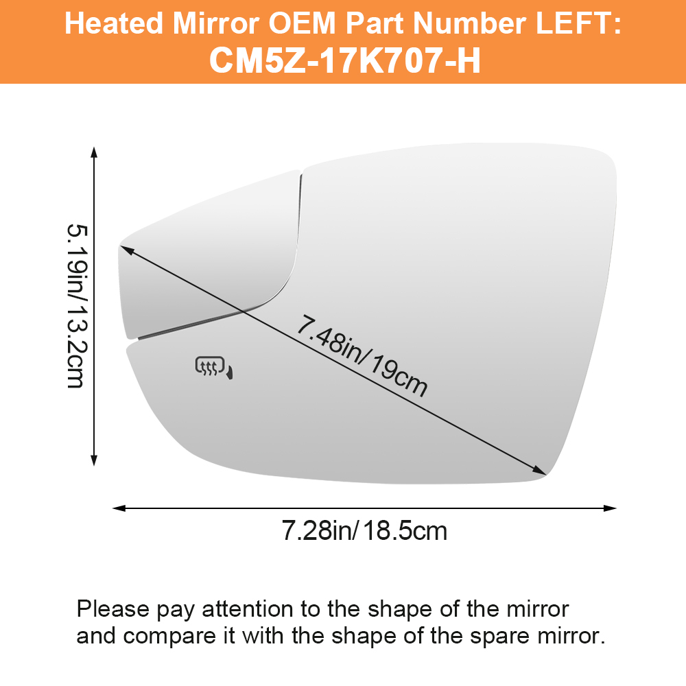 Side Heated Mirror Glass Replacement for Ford Focus 2012-2018 CM5Z-17K707-H CM5Z-17K707-G