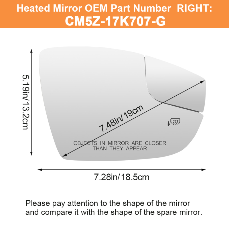 Side Heated Mirror Glass Replacement for Ford Focus 2012-2018 CM5Z-17K707-H CM5Z-17K707-G