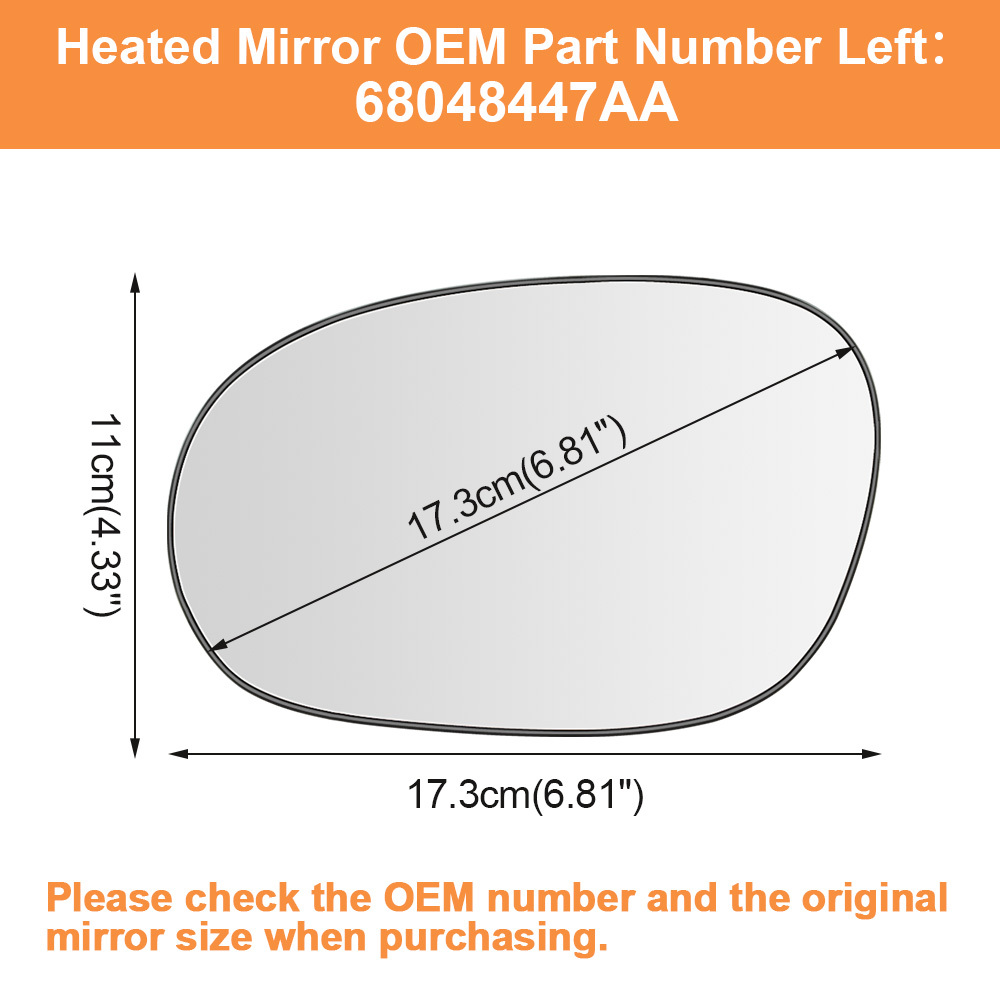 Side Heated Mirror Glass Replacement for 2008 2009 2010 2011 2012 2013 2014 2015 Dodge Challenger 68048447AA 68048446AA